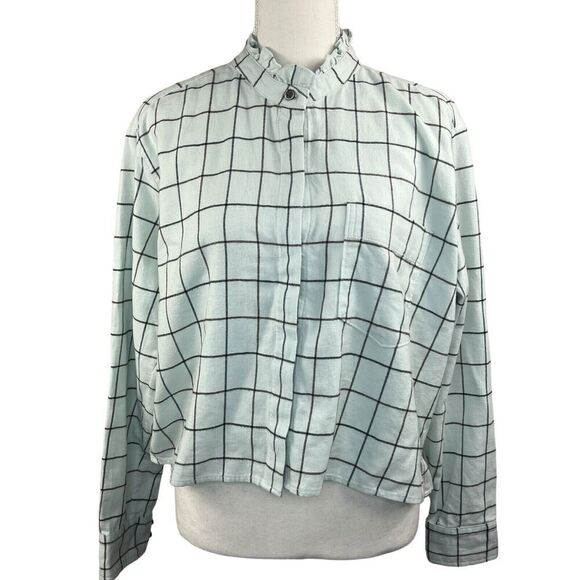 Everlane Light Blue Mint Flannel Boxy Plaid Button Up Shirt S Ruffle - Picture 1 of 13